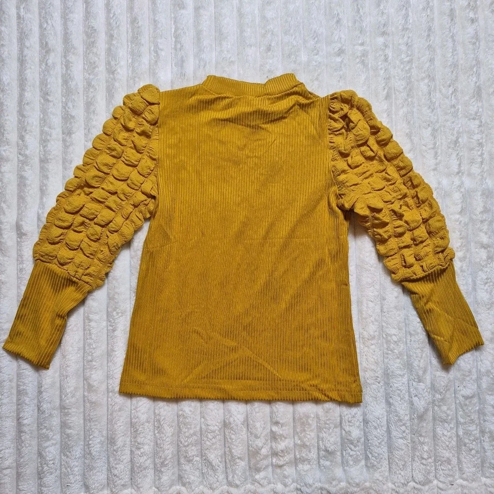 PatPat Kids Mustard Yellow Ribbed Mock Neck Popcorn Bubble Sleeve Top Size 5-6Y